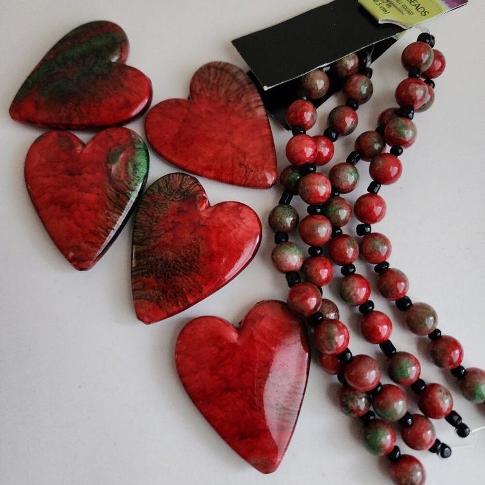 Red Green Marble Acrylic Bead Strands, Heart Pendants Destash